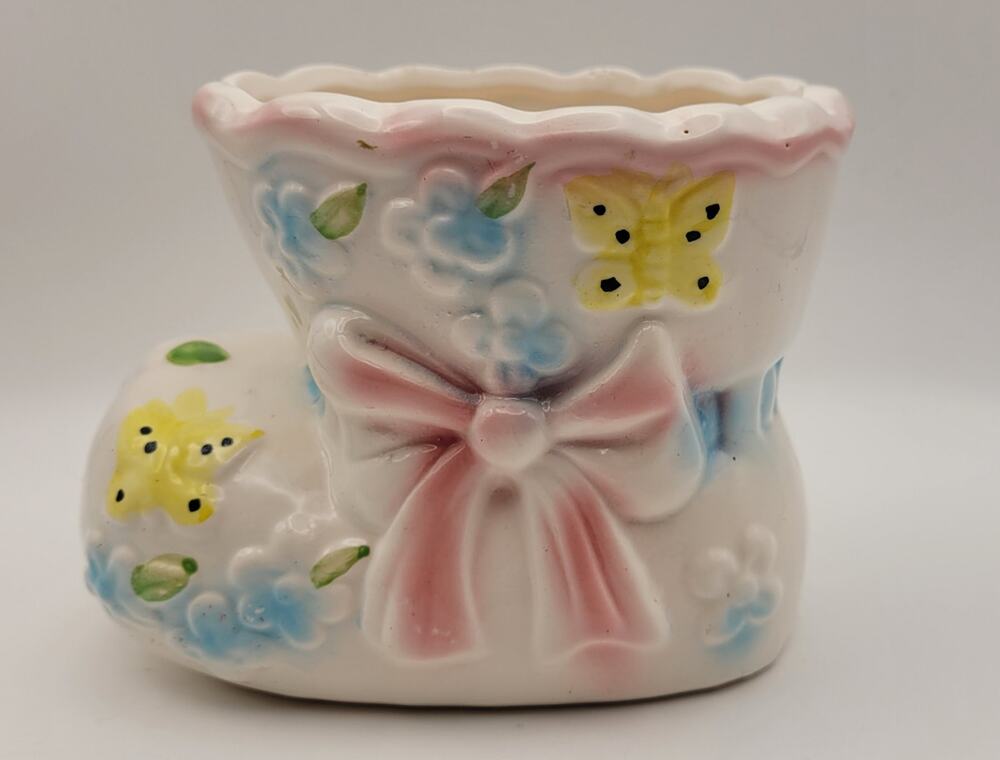 Vintage Ardco Planter Baby Shower Bootie Shoe Planter Nursery Pink Blue Yellow